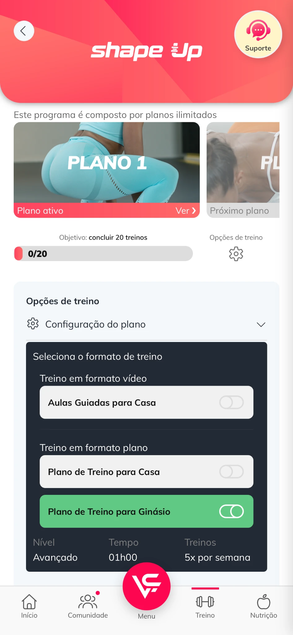 Opções da app VSFIT: local, nível, duração e frequência de treino